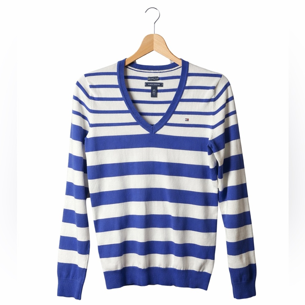 Tommy Hilfiger Stripe V-Neck Sweater Pima Cotton Sweater Small Preppy Classic